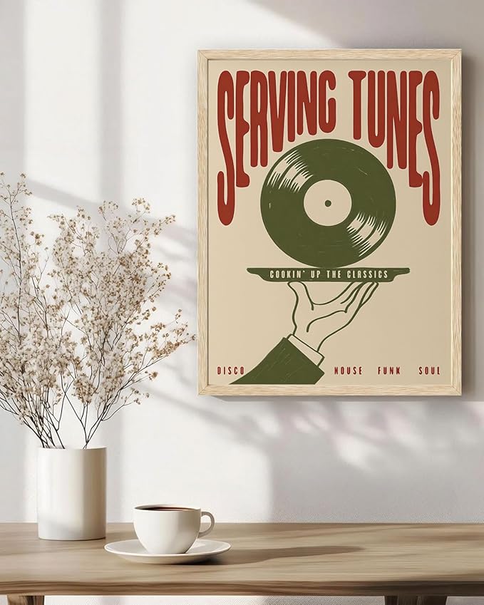 XJYISUO Framed Wall Art Vintage Music Wall Decor Retro Vinyl Record Canvas Art Serving Tunes Pictures Trendy Mid Century Paintings Disco Funk Soul Artwork For Living Room Home Bar Music Room