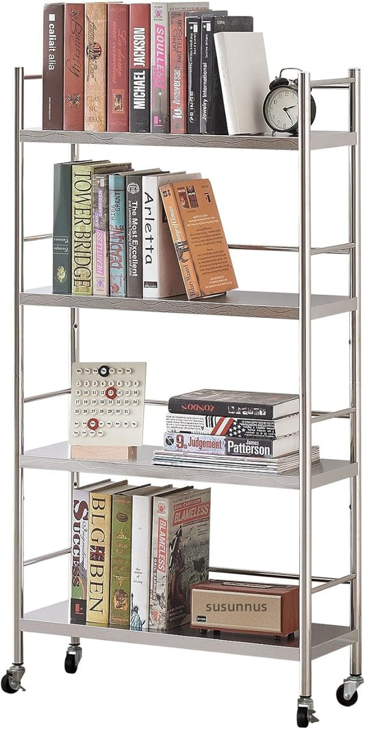 susunnus Stainless Steel Shelf,Shelves for Storage,Metal Shelf,Kitchen Garage Shelves, with Wheels,Rolling Shelves,Adjustable Height,Weight Capacity 350LB (27.6in*10.2in-4T with guardrails)