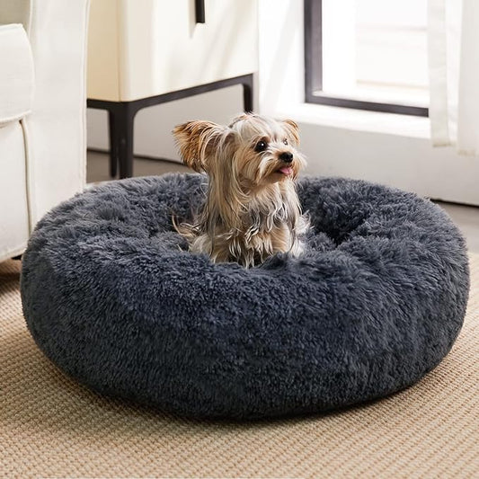 WNPETHOME Calming Dog Beds for Large Dogs, Anti-Anxiety Donut Large Pet Bed, Fluffy Faux Fur Plush Dog Bed，Warming Cozy Soft Round Pet Bed for Jumbo Dogs, Cat Cuddler Cushion Bed