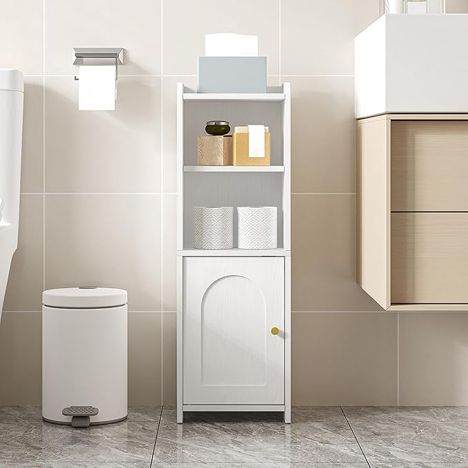Bathroom Storage Cabinet, Corner Floor Cabinet with Doors and Adjustable Shelf, Narrow Toilet Paper Cabinets, Bathroom Organizer for Small Spaces, White BC29713X