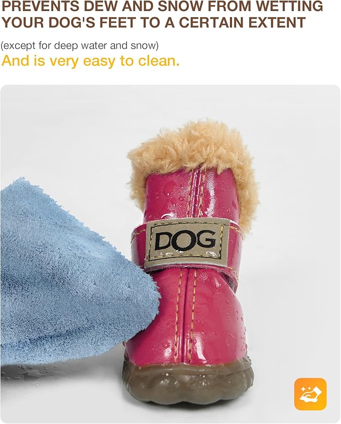 Winter Dog Boots & Paw Protectors: Outdoor Anti-Slip Dog Snow Shoes, Dog Booties Provide Warmth to Dogs Paws from Ice and Snow, Rubber Sole PU Leather Upper Faux Fleece-Lined, Pink Dog Shoes Size 4