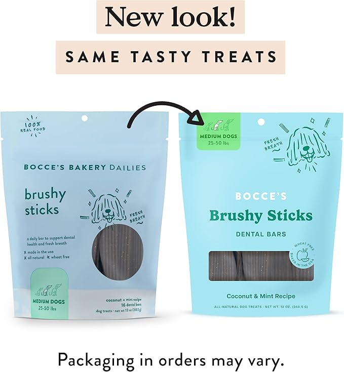 Bocce's Bakery Dailies Brushy Sticks to Support Oral Health&Fresh Breath,Wheat-Free Dental Bars for Dogs,Made with Real Ingredients,Baked in The USA,All-Natural Coconut&Mint,Medium Dogs,(Pack of 2)