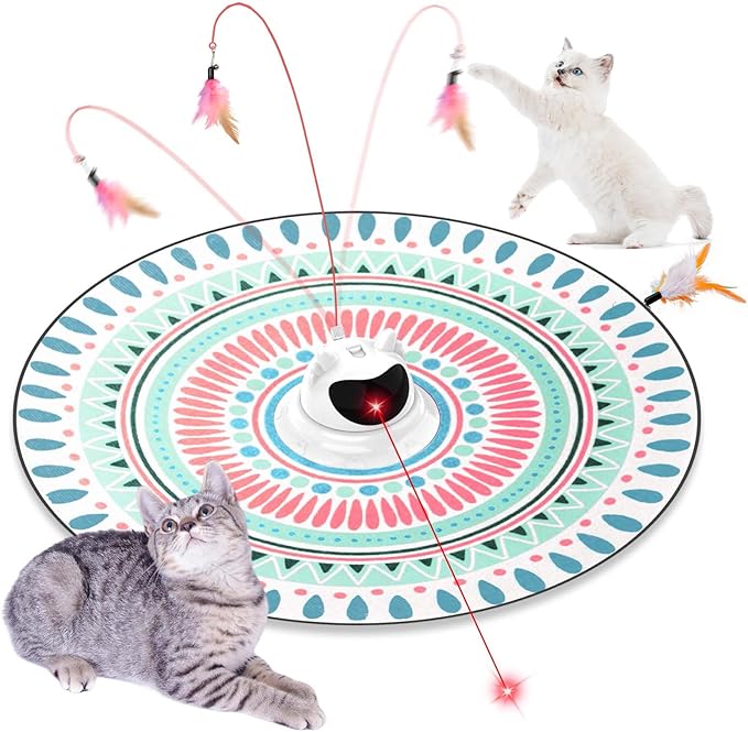 3 in 1 Automatic Interactive Cat Toy with Laser & Moving Feather, Hide and Seek Rechargeable Cat Toys for Indoor Cats, Exercise Laser Pointer Teaser Wand to Reduce Boredom