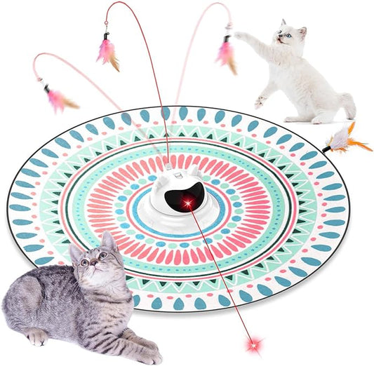 3 in 1 Automatic Interactive Cat Toy with Laser & Moving Feather, Hide and Seek Rechargeable Cat Toys for Indoor Cats, Exercise Laser Pointer Teaser Wand to Reduce Boredom