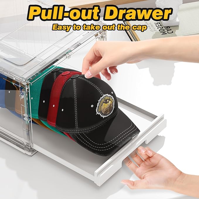 Hat Organizer for Baseball Caps 2 Pack, Clear Hat Holder Box Containers with Drawer Stackable Cap Storage Display Case for Hats Snapback Cap