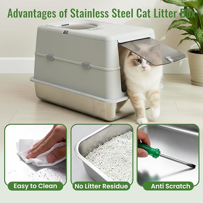 Stainless Steel Cat Litter Box, Extra Large Enclosed Heavy Duty Metal Litter Box with Odor Locking & Leak-Proof, Easy Clean Non-Stick Anti-Splash High Sides Litter Box for Multi-Cat & Big Cats (Gary)