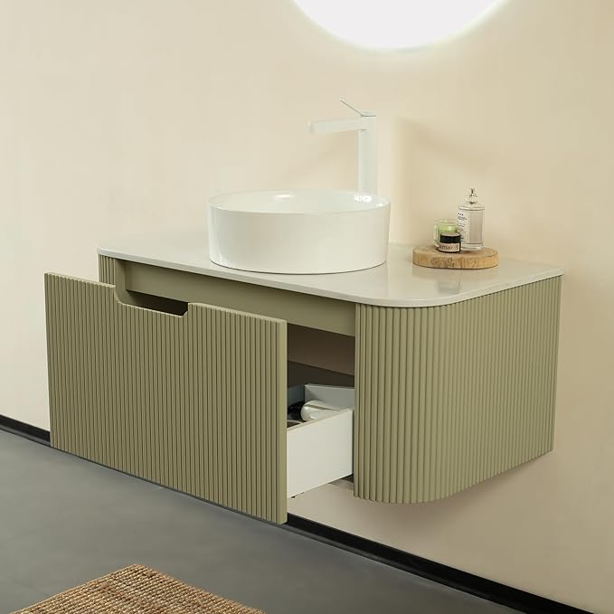 KEIKI 36" Bathroom Vanity Cabinet with Sink Combo, Wall Mounted Curved Edges Striped Floating Bathroom Vanity with Soft-Close Drawer, White Round Ceramic Basin Without Faucet, Light Green