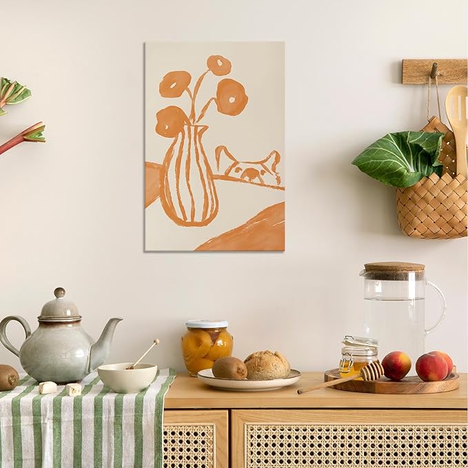 Funny Sneaky Dog Poster Retro Still Life Kitchen Canvas Wall Art Modern Abstract Floral Watercolor Animal Prints Painting For Living Room Kitchen Dining Room Wall Decor 12x16in Wrapped Canvas