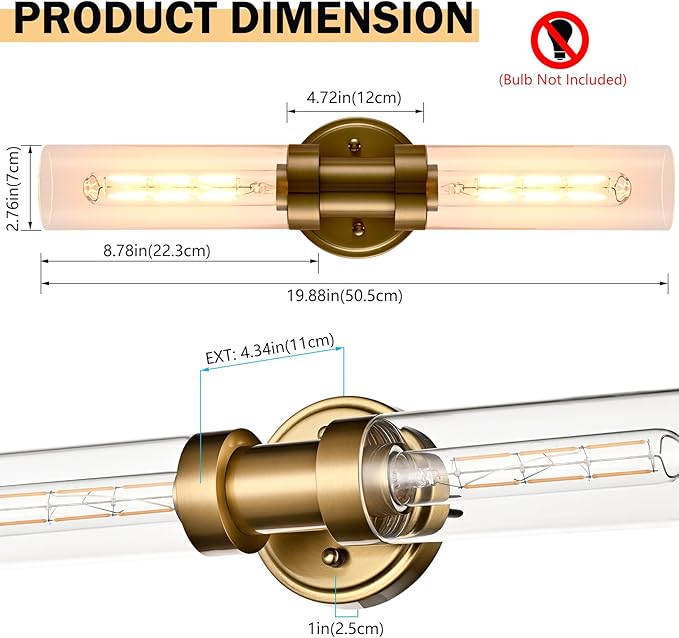 Modern Gold Wall Sconce with Clear Glass Shade 2-Light Bathroom Vanity Lights 20-Inch Brass Glass Wall Light Fixtures for Hallway Staircase Living Room