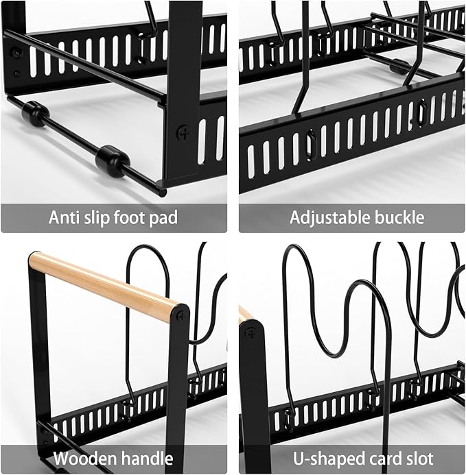 SKORDO Pot and Pan Organizer Rack, Expandable Under Cabinet Rack with 8 Adjustable Compartments Perfect for Heavy Cookware & Pot Lids (Black)