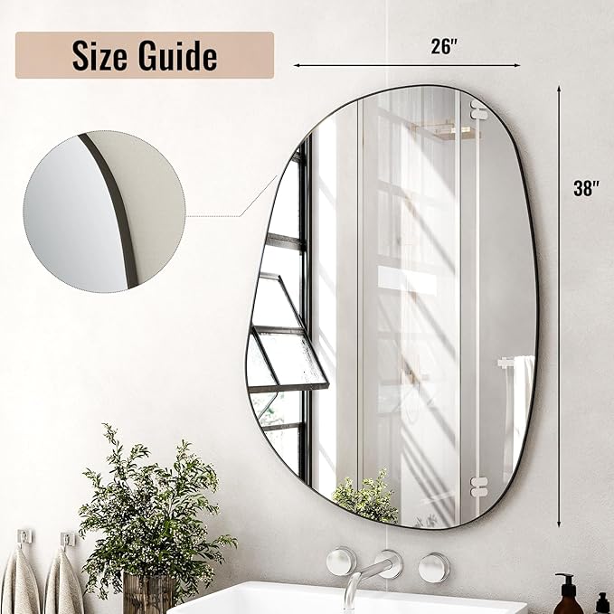 38"x26" Bathroom Mirror for Wall, Irregular Bathroom Mirrors for Over Sink, espejos decorativos de pared, Modern Metal Framed Vanity Mirror for Bedroom, Entryway, Bathroom, Living Room, Black
