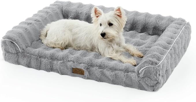 Faux Fur Orthopedic Dog Bed, Dog Bed for Large Size, Supportive Foam Pet Sofa with Waterproof Lining Cover, Washable U-Shaped Pet Couch with Anti-Slip Bottom, Grey L 36x27x6.5 inch
