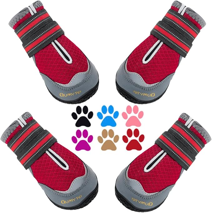 QUMY 4PCS Dog Boots for Large Dogs, Medium Dog Shoes & Paw Protectors for Hot Pavement, Summer Heat Protection, Mesh Breathable Nonslip Dog Booties for Hardfloors, Walking Running Hiking Red Size 7