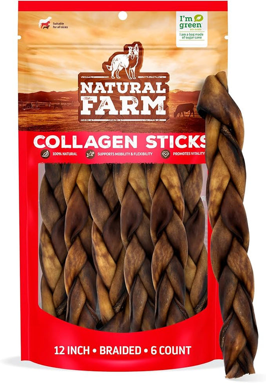 Natural Farm Braided Collagen Chews for Dogs (12 Inch, 6 Pack), Collagen Sticks, Natural Dog Chews, Long Lasting, for Small, Medium and Large Dogs, Odor-Free, Rawhide Alternative