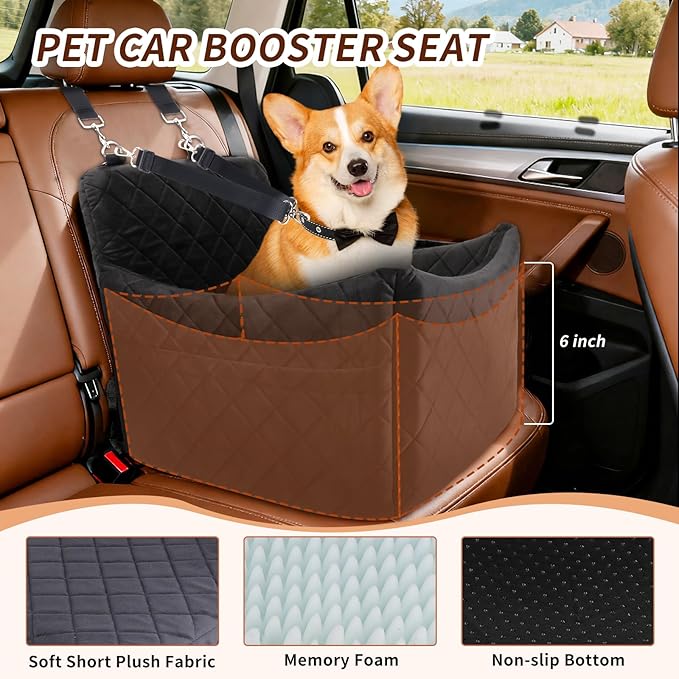 Dog Car Seat for S/M Dogs, Memory Foam Dog Booster Car Seat Up to 35lbs, Detachable Washable Pet Travel Bed with Side Pockets and 2 Safety Belts, Easy to Install (Black)