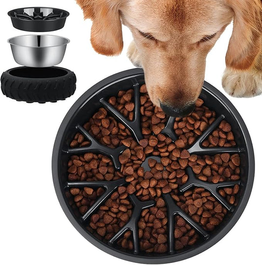 3-in-1 Funny Car Tire Dog Feeder - Non-Slip Slow Feeder & Stainless Steel Water Bowl for Wet, Raw Food & Water, Multifunctional for Small, Medium & Large Dogs，Feeding Vessels for Pets