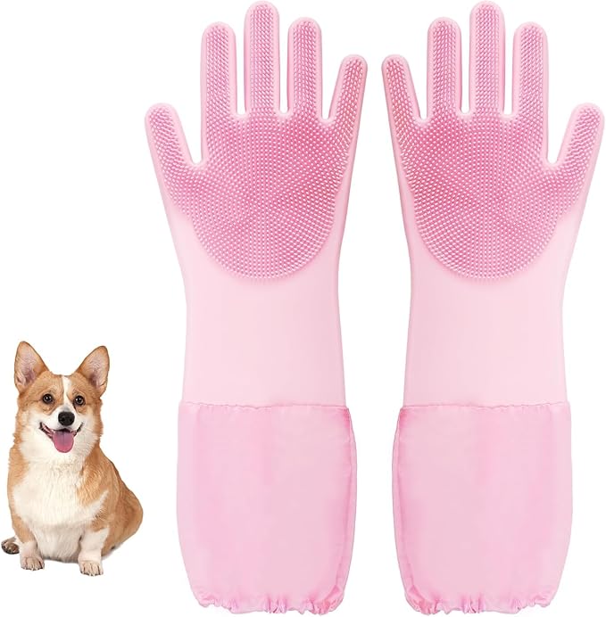 Silicone Pet Bathing Gloves with Finger Toothbrush – 2-in-1 Grooming & Deshedding Gloves for Cats, Dogs, Rabbits – Extended Design for Easy Cleaning & Massage(Pink)