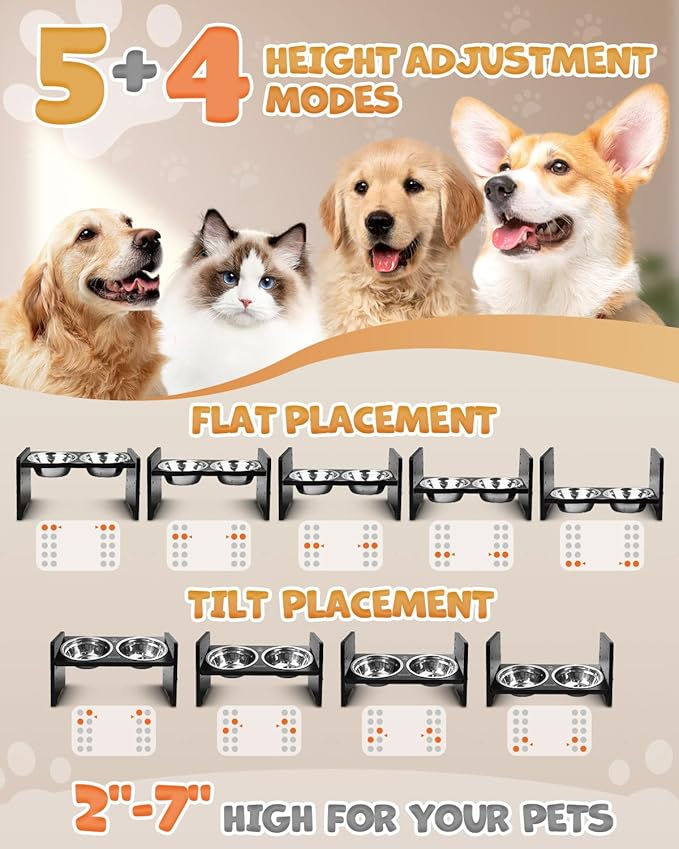 Elevated Dog Bowls, Adjustable Raised Dog Bowl Stand for Small Size Dogs and Cats, Durable Bamboo Dogs Feeder with 2 Stainless Steel Bowls and Non-Slip Feet, Pet Food Bowl for Small Sizes