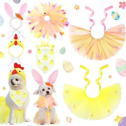 6 Pcs Adjustable Dog Easter Costumes Include Bunny Ears and Chick Headband Dog Bandana Easter Collar Tulle Tutu for Small Medium Pet Birthday Holiday Party Accessories