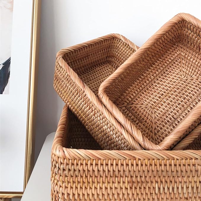 ZENFUN 3 Pack Natural Rattan Storage Baskets, Rectangular Woven Fruit Baskets for Decor, Handmade Woven Nesting Bread Baskets for Organizing, Serving, for Kitchen, Home, 3 Sizes