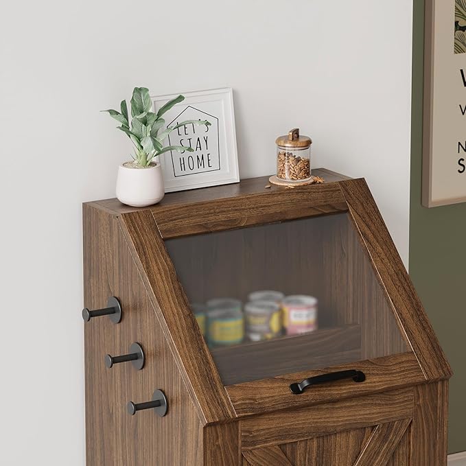 Dog Feeding Station,Dog Food Storage Cabinet,Pet Feeding Station with 2 Elevated Bowls,Hidden Pet Feeder Station with Hooks,Flip Top Pet Storage Organizer for Water,Feeding (Walnut)
