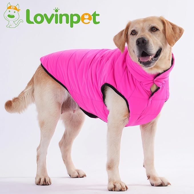 LovinPet Reversible Dog Puffer Coat for Medium & Large Dogs, Down‑Insulated Winter Jacket, Water‑Resistant & Wind‑Resistant, Anti‑Static, Dual-Sided Pink & Black for Cold Weather,L