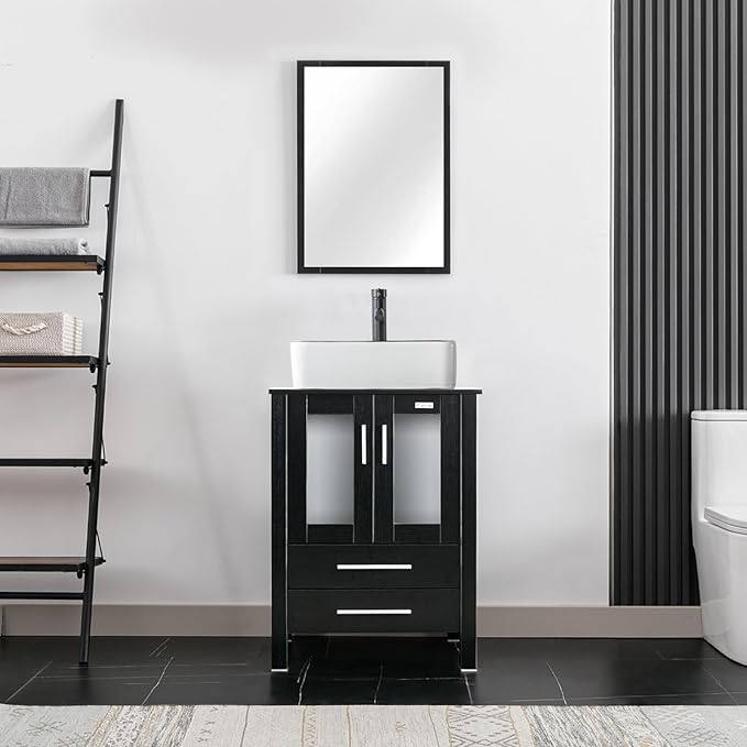 eclife 24" Modern Bathroom Vanity Sink Combo Freestanding Cabinet with Soft Closing Door, White Black Ceramic Vessel Sink, Water Save Faucet, Drain (Black+T03BK)