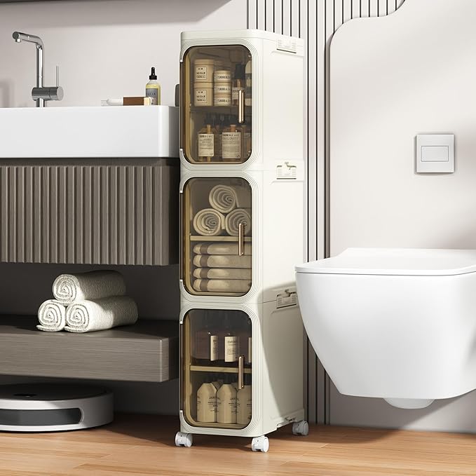 3 Tier Slim Bathroom Storage Cabinet, Narrow Organizer with Wheels and Toilet Paper Holder, Waterproof, No Assembly Required, Perfect for Small Spaces in Bathroom, Kitchen and Bedroom