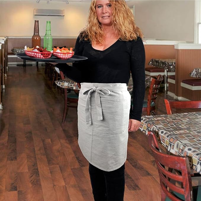 Cityelf Linen Server Apron Cotton Bistro Half Apron with Large Pockets Waist Kitchen Apron for Cooking Waitress