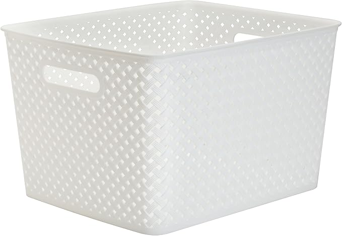 Simplify Large Resin Wicker Tote | Storage Bin | Plastic Organizer | Carrying Handles | Bathroom | Pantry | Accessories | Toys | White