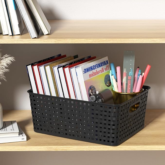 4 Packs Woven Plastic Storage Baskets, Plastic Basets Medium, Black