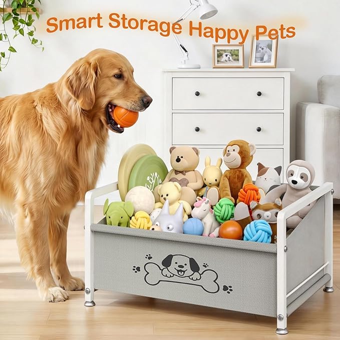 Dog Toy Box for Storage, Metal Frame Oxford Fabric Pet Toy Organizer with Raised Legs, Large Capacity Dog Toy Basket with Front Low Opening, Washable and Durable Design