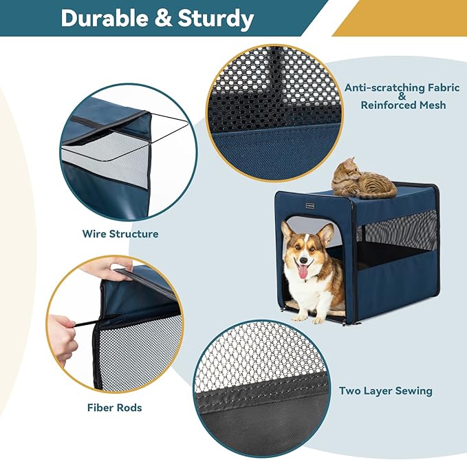 PETSFIT Portable Dog Crate, Dog Travel Crate - 31 Inch with Thicken Mat, Easy to Fold, Sturdy and Portable, Perfect for Traveling, Foldable Dog Crate Navy Blue
