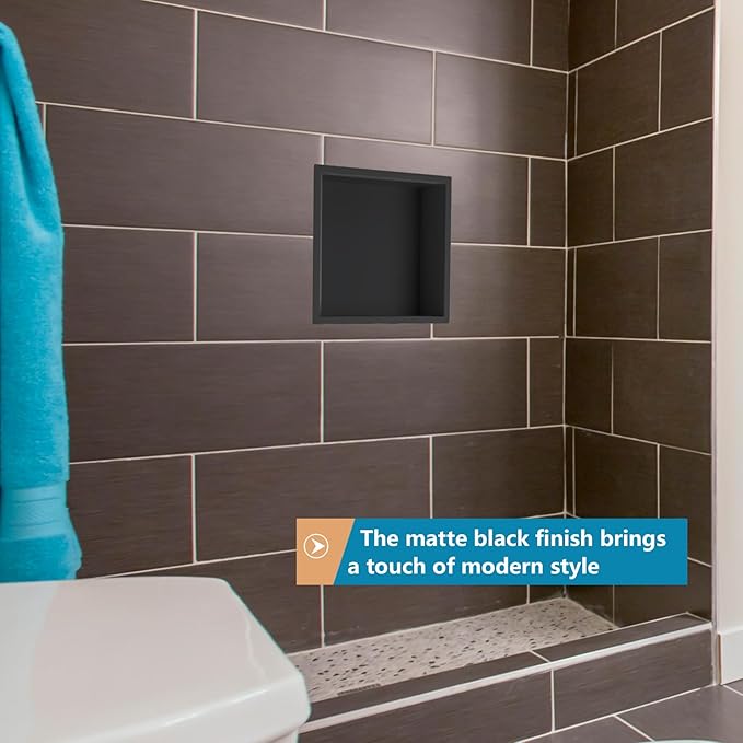 12"×12" Stainless Steel Shower Niche, Recessed Shower Caddy, Bathroom Shelf Insert Fits for 11"x11" Wall Hole Installation (Matte Black)