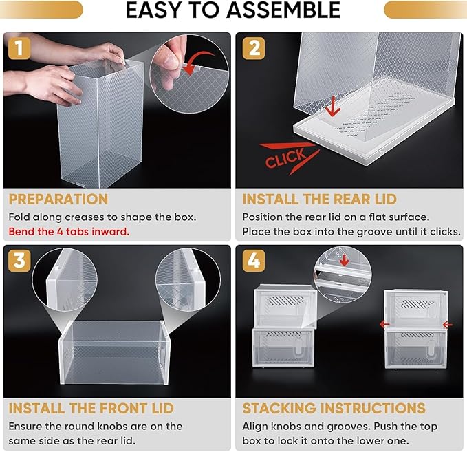 BALEINE 3 Pack Stackable Shoe Storage Boxes Fit Size 9, Thickened Clear Shoe Box Bins with Lids, Plastic Foldable Shoe Rack Organizer Sneaker Storage Containers (Large, White)
