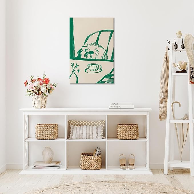 Funny Sneaky Dog Poster Abstract Coffee Breakfast Canvas Wall Art Modern Minimalist Animal Sketch Artwork Prints Painting For Living Room Kitchen Dining Room Wall Decor 24x36in Wrapped Canvas