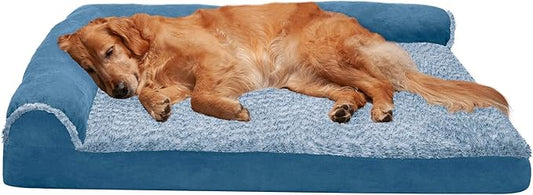 FurHaven Orthopedic Dog Bed for Large Dogs, L-Shaped Chaise Sofa with Orthopedic Egg Crate Foam for Joint Support, Removable Washable Cover, Jumbo/XL, Faux Fur & Suede, Marine Blue
