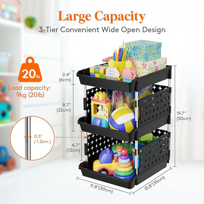 Lifewit Plastic Stackable Storage Baskets, 3 Tier Stacking Bins for Food and Clothes, Multifunctional Organizer for RV, Kitchen, Playroom, Pantry, Black, 35 x 30 x 50 cm/14 x 12 x 20 inch, 1 Pack