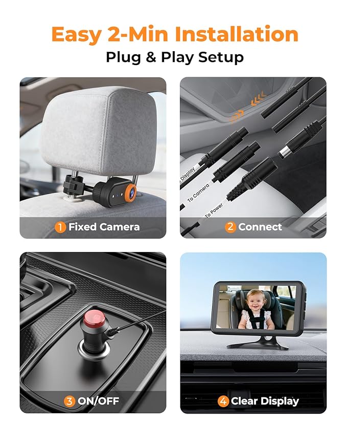 BM2A Baby Car Camera – 3X Zoom to See Baby Clearly, 5.2" 1080P Display & Auto IR Night Vision, Rear-Facing View Monitor, Easy Install for Parents & Pet Owners