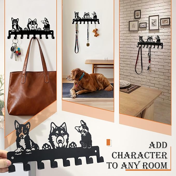 Dog Leash Holder for Wall, Key Holder Wall Mount with 8 Metal Hooks, Key Hooks for Wall, Screw Mounted Rust Resistant Entryway Organizer for Leashes Keys Bags Hats Collars