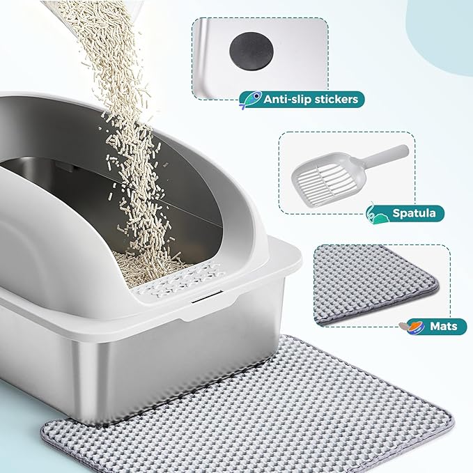 Stainless Steel Cat Litter Box with Lid, High Sided Large Cat Litter Box for Anti-Urine Leakage, Included Scoop and Litter Mat, Light Gray