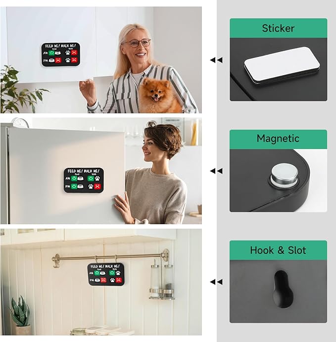 YAUYIK Pet Feeding Reminder Magnet, Dog Fed Sign Tracker, Puppy Feeding Schedule Chart, AM/PM Daily Indication Chart Feed/Walk Your Pets, Helps You to Track Pet Feeding & Walking （Black）