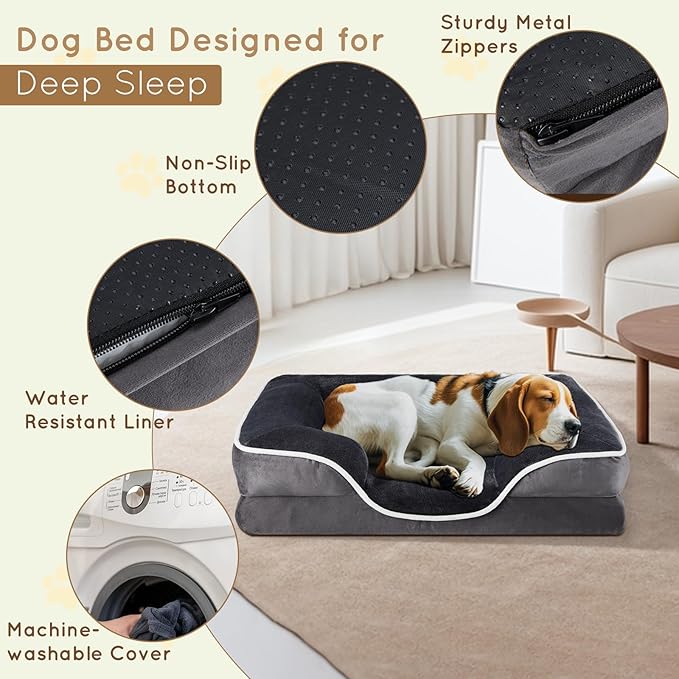 FluffyDream 42 inch Memory Egg-Crate Foam Dog Bed, Orthopedic Pet Couch Bed with Washable Removable Cover, Grey