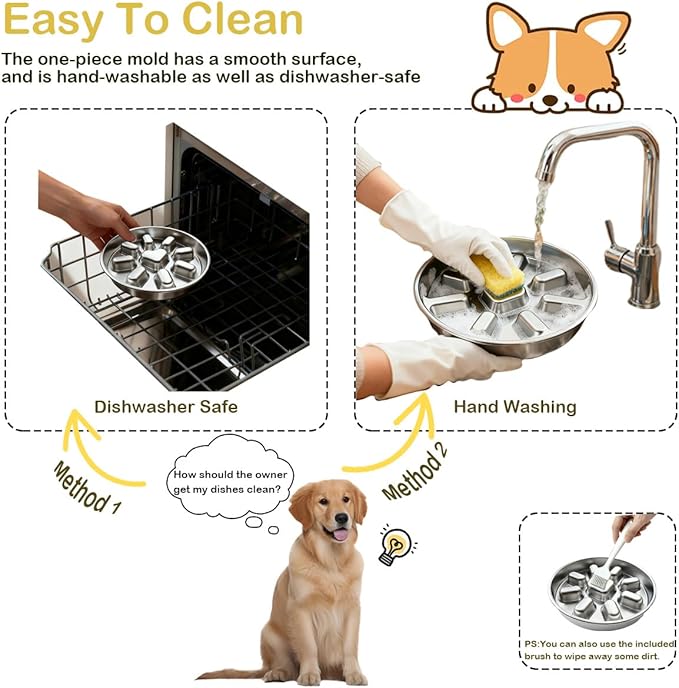 Medium Stainless Steel Slow Feeder Pet Bowls-Non-Slip Stainless Steel Bowl,4-Cup Capacity Slow Feeder to Prevent Indigestion,Dishwasher Safe,Comes with Spatula & Pastry Brush (Heart)