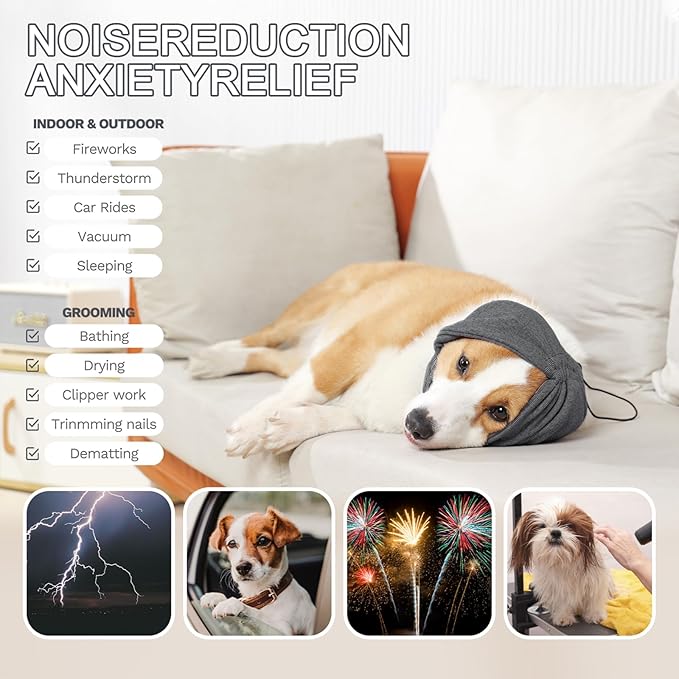 Ear Muffs for Dogs,Calming Hoodie Thunder Head Wrap,No Shake Anxiety Relief Pet Covers Ear Noise Protection Vest for Dogs for Fireworks,Vet Visits,Bathing(Grey,L)