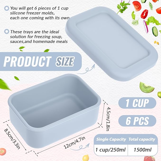6 Packs 1 Cup Silicone Soup Freezer Molds with Lid Silicone Soup Freezer Trays Rectangle Reusable Food Preserving Tray Freezing Sauces Stews(Multiple Color)