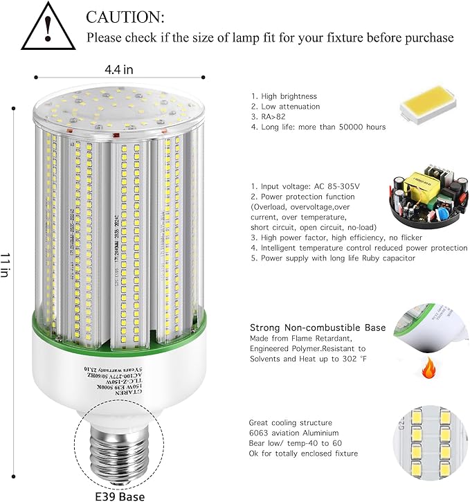 150W LED Corn Cob Light Bulb 2Pack,Equivalent 600W Metal Halide HPS HID CFL,5000K Daylight,E39 Mogul Base LED Retrofit Bulb,for Commercial Industrial Lighting Gyms Workshop Bay Light Fixture
