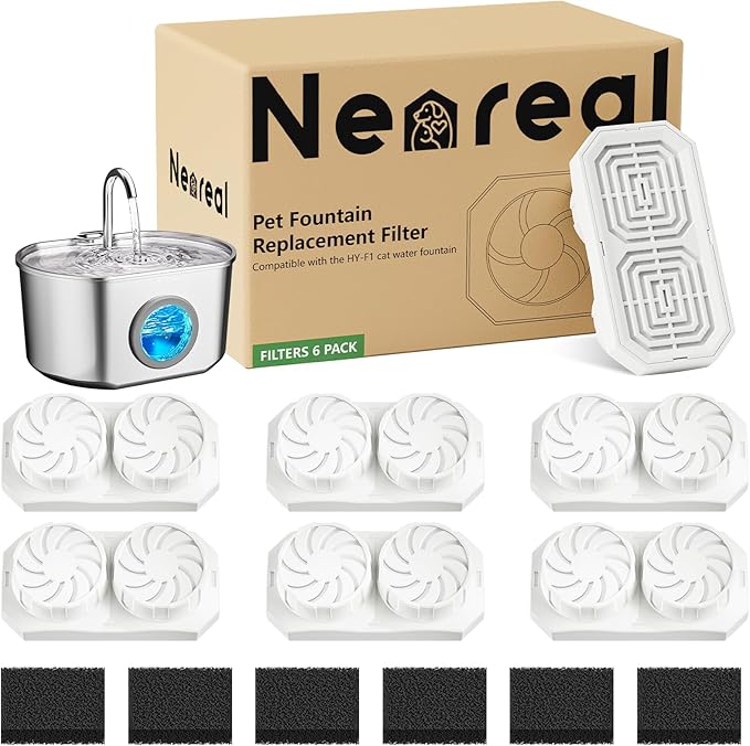 Cat Water Fountain Replacement Filters & Pre-Filter Sponges Compatible with 74oz/2.2L Stainless Steel Pet Fountain (6 Filters & 6 Sponges)
