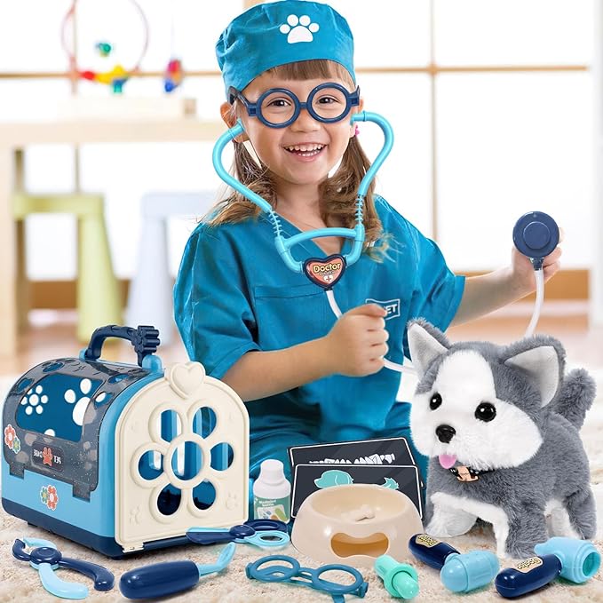 22Pcs Dog Toys for Kids Vet Doctor Kit,Walking Barking Electronic Interactive Husky Dog Toy,Veterinarian Playset for Kids,Pretend Play Birthday Gift Preschool Toy for Boys Toddlers 3 4 5 6+