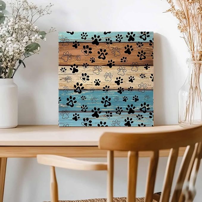 Framed Canvas Wall Art for Living Room Dog Paw Print Wall Decor, Retro Brown Teal Blue Wood Grain Aesthetic Paintings for Bedroom Office Kitchen Bathroom, Ready to Hang Wall Pictures 20x20 Inch